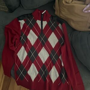 Men's XL INC novelty sweater bright rhubarb, faux leather shoulders, semi-zip